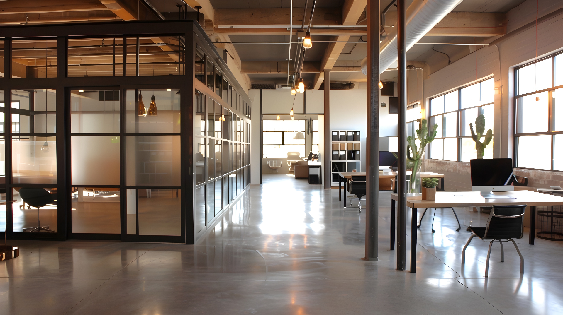 An airy loft office with industrial design and minimalist aesthetic